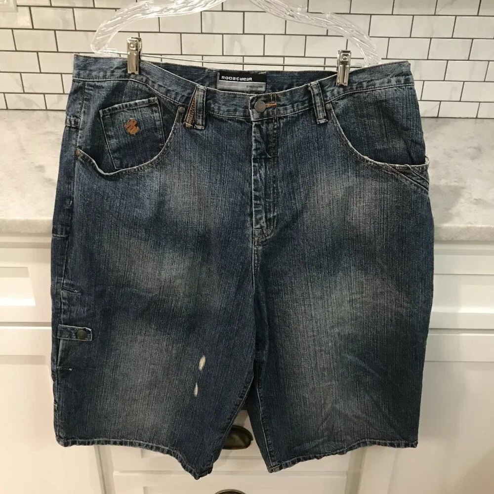 Rocawear Shorts Mens 40 Denim Carpenter Distressed Baggy Hip Hop Y2K Embroidered